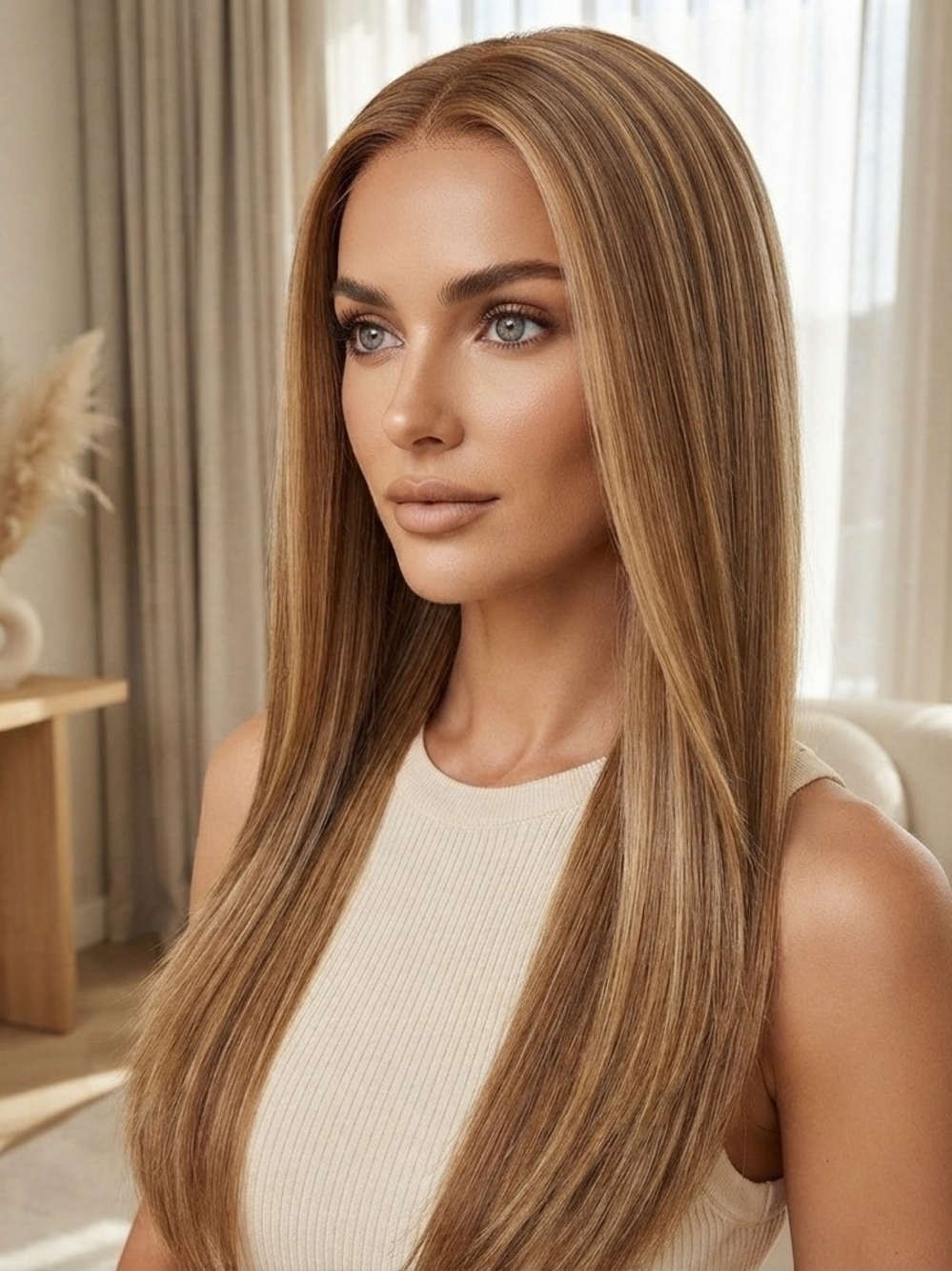 Smooth Straight Long Women's Wig Honey Blonde 26" Synthetic